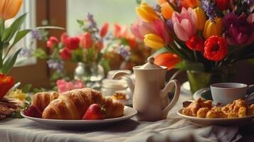 lindo café da manhã, almoço com copo do café e fresco croissants, tulipas ilustração ai generativo foto