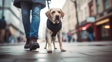 proprietário e cachorro caminhando dentro cidade. ilustração ai generativo foto