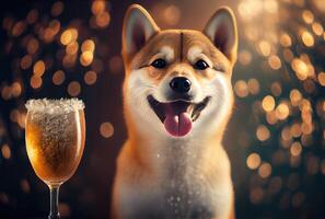 feliz Shiba inu cachorro com torrado vinho vidro dentro festa e dourado bokeh luz fundo. animal e animal conceito. digital arte ilustração. generativo ai foto