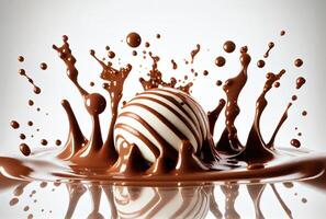 listrado leite branco chocolate e Sombrio chocolate cai em a chocolate mergulhado. doce e sobremesa conceito. generativo ai foto