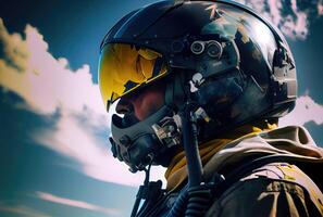 cabeça tiro do lutador piloto vôo em a Alto céu dentro a espaço aéreo para nacional defesa ou mundo guerra. retrato do soldado. generativo ai foto