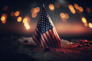 a Unidos estados do América EUA bandeira com colorida brilhante bokeh luz fundo. nação bandeira dentro a Sombrio com iluminação claro. nacional dia conceito. generativo ai foto