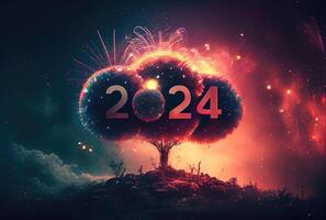 feliz Novo ano 2024 com grande fantasia árvore e fogos de artifício fundo. feriado e cultura conceito. digital arte ilustração. generativo ai foto