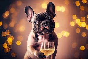 feliz francês buldogue cachorro com torrado vinho vidro dentro festa e dourado bokeh luz fundo. animal e animal conceito. digital arte ilustração. generativo ai foto