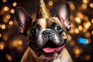 retrato do fofa feliz francês buldogue dentro a celebração festa com bokeh luz e confete dentro a Sombrio fundo. generativo ai foto