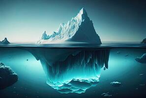 grande iceberg sobre a azul mar superfície fundo. panorama e o negócio metáfora conceito. digital arte ilustração tema. generativo ai foto