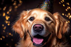 fechar-se do retrato feliz dourado retriever cachorro vestindo festa chapéu para celebração com bokeh fundo. animal e animal conceito. generativo ai foto