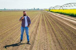 uma agricultor verificação a colheita foto