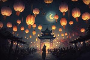 a comemorar a lanterna festival, lunar Novo anos grande final ilustração generativo ai foto