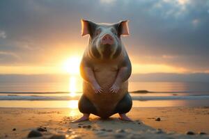 porco praticando ioga em a de praia às pôr do sol ilustração generativo ai foto