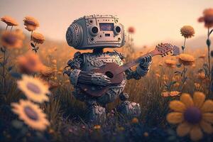 robô jogando uma banjo dentro uma campo do flores ilustração generativo ai foto