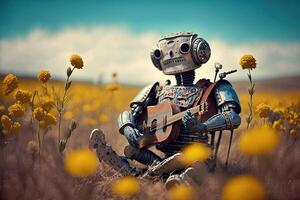 robô jogando uma banjo dentro uma campo do flores ilustração generativo ai foto