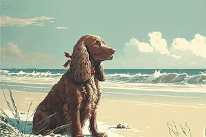 santa claus cachorro em a de praia Cocker spaniel ilustração generativo ai foto