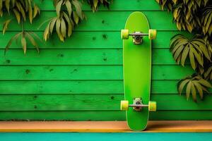 skate Longboard em pé em verde parede ilustração generativo ai foto