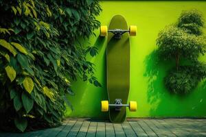 skate Longboard em pé em verde parede ilustração generativo ai foto