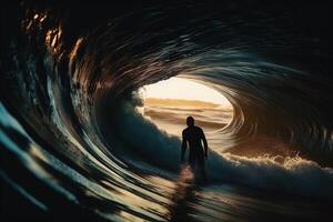 silhueta do surfista pegando a onda com Sol em a costas ilustração generativo ai foto