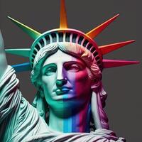 estátua do liberdade dentro a arco Iris cores. lgbtq comunidade advogados para tolerância para gênero, sexualidade e identidade ilustração generativo ai foto