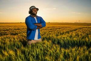 afro agricultor em pé dentro uma trigo campo foto