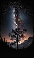 a leitoso caminho galáxia alongamento através a noite céu, com recortado árvores e montanhas dentro a primeiro plano Smartphone fundo trava tela papel de parede ilustração generativo ai foto
