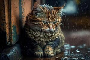 gato, triste solitário abandonado, debaixo a chuva ilustração generativo ai foto