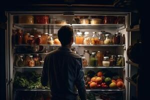 homem dentro frente do aberto geladeira cheio do saudável Comida ilustração generativo ai foto