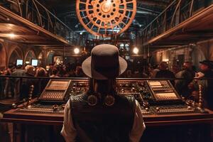 Visão a partir de a costas do steampunk dj jogando às mecânico discoteca ilustração generativo ai foto