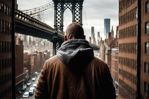 Visão a partir de a costas do uma homem sozinho em Manhattan ponte Novo Iorque cidade, EUA ilustração generativo ai foto