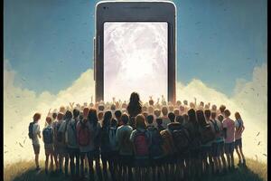 uma grupo do adolescentes quem estão adorador uma gigante Smartphone gostar uma Deus ou divindade ilustração generativo ai foto