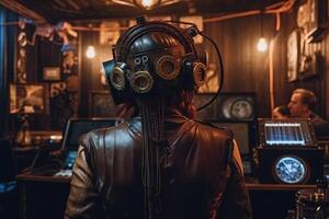 Visão a partir de a costas do steampunk dj jogando às mecânico discoteca ilustração generativo ai foto