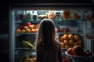 menina dentro frente do aberto geladeira cheio do saudável Comida ilustração generativo ai foto