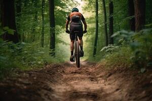 Visão a partir de a costas do uma homem equitação montanha bicicleta dentro a madeiras ilustração generativo ai foto