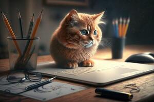rede desenhador computador gato trabalhando trabalho profissão ilustração generativo ai foto