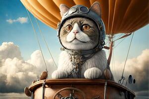fofa gato piloto do uma quente ar balão ilustração generativo ai foto