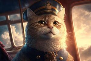 capitão marinheiro gato em Está barco a vela ilustração generativo ai foto