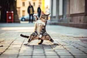 gato dança de freio travagem dentro a cidade rua ilustração generativo ai foto