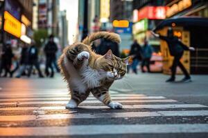 gato dança de freio travagem dentro a cidade rua ilustração generativo ai foto