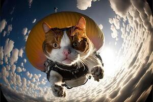 gato skydriver. vôo com pára-quedas paraquedismo ilustração generativo ai foto