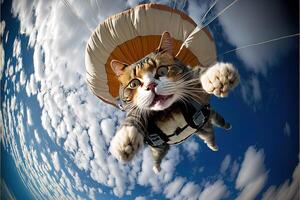 gato skydriver. vôo com pára-quedas paraquedismo ilustração generativo ai foto