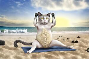 gato fazendo ioga às a de praia ilustração generativo ai foto