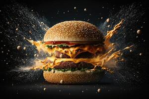 delicioso hamburguer explodindo dentro frente do a Câmera com flutuando ingredientes em Preto fundo ilustração generativo ai foto