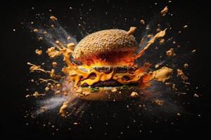 delicioso hamburguer explodindo dentro frente do a Câmera com flutuando ingredientes em Preto fundo ilustração generativo ai foto