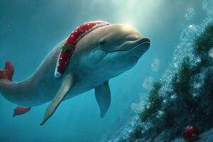 adorável Natal golfinho santa claus ilustração generativo ai foto