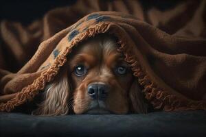 Cocker spaniel cachorro nariz emergente a partir de cobertor ilustração generativo ai foto