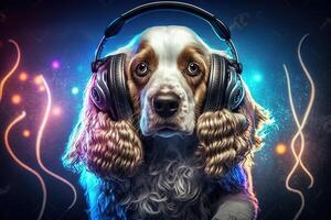 Cocker spaniel cachorro animal é uma residente dj dentro a clube pessoas dançando em fundo ilustração generativo ai foto