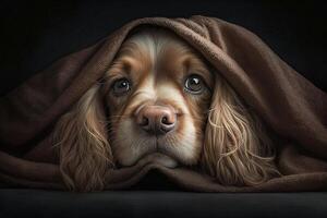 Cocker spaniel cachorro nariz emergente a partir de cobertor ilustração generativo ai foto