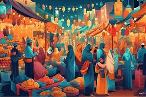 colorida Ramadã kareem bazar, com vendedores vendendo tudo a partir de tradicional têxteis para feito à mão trabalhos manuais e doces, mangá estilo ilustração generativo ai foto