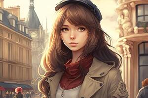 lindo animê mangá menina dentro Paris ilustração generativo ai foto