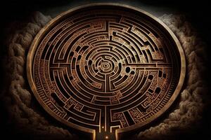 circular Labirinto labirinto, com Setas; flechas apontando para uma objetivo ou destino, simbolizando a viagem do vida ou pessoal crescer ilustração generativo ai foto