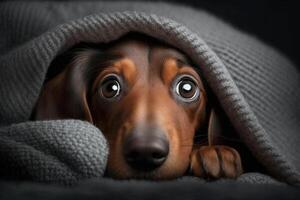 dachshund cachorro nariz emergente a partir de cobertor ilustração generativo ai foto