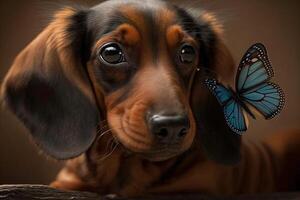 dachshund cachorro com gigante borboleta em nariz ilustração generativo ai foto